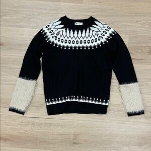 Neiman Marcus Black Sweater with White Pattern and Cream Sleeves
